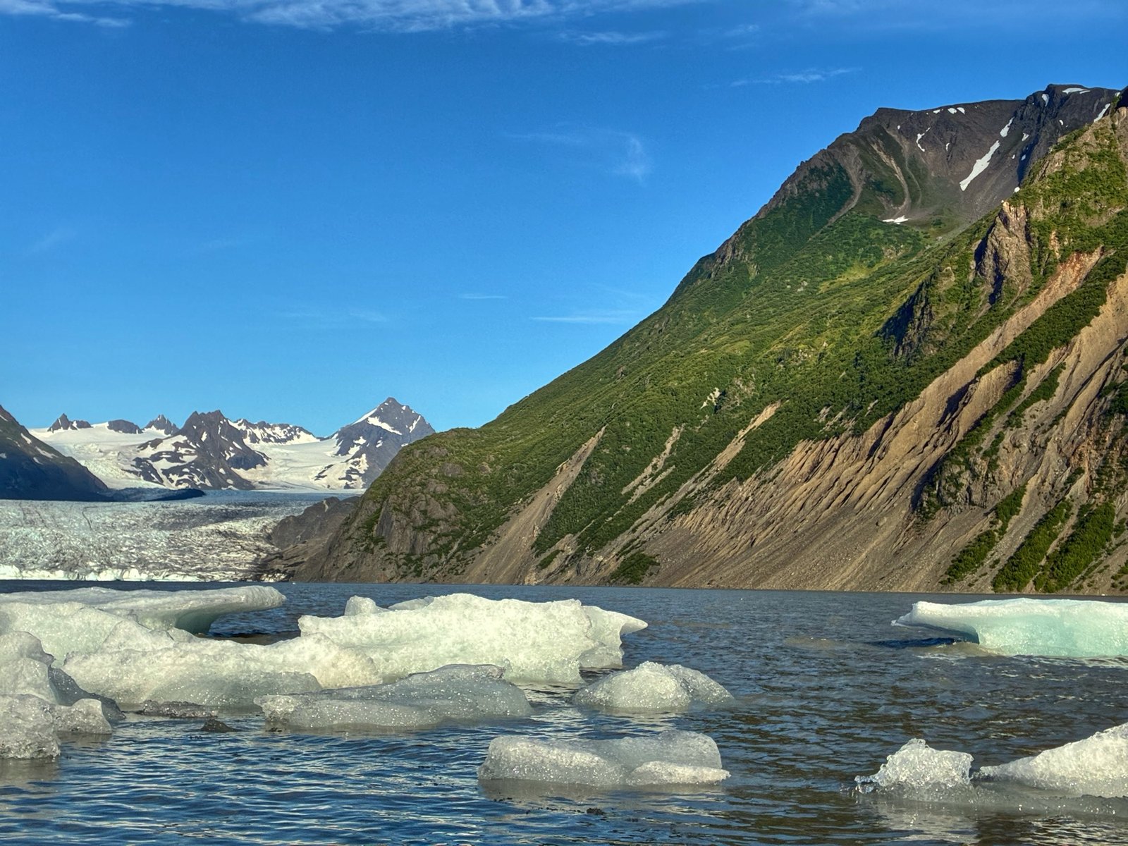 Grewingk Glacier and Glacier Lake with icebergs floating in the foreground