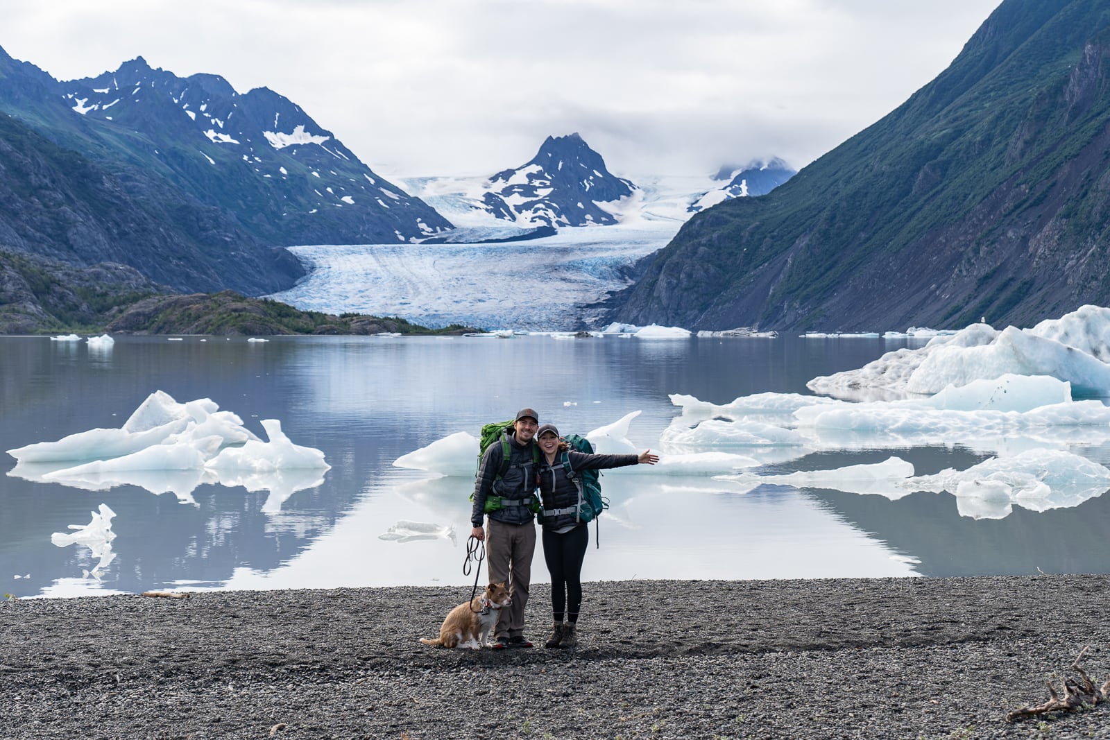 Turquoise Grewingk Glacier Lake with floating icebergs
