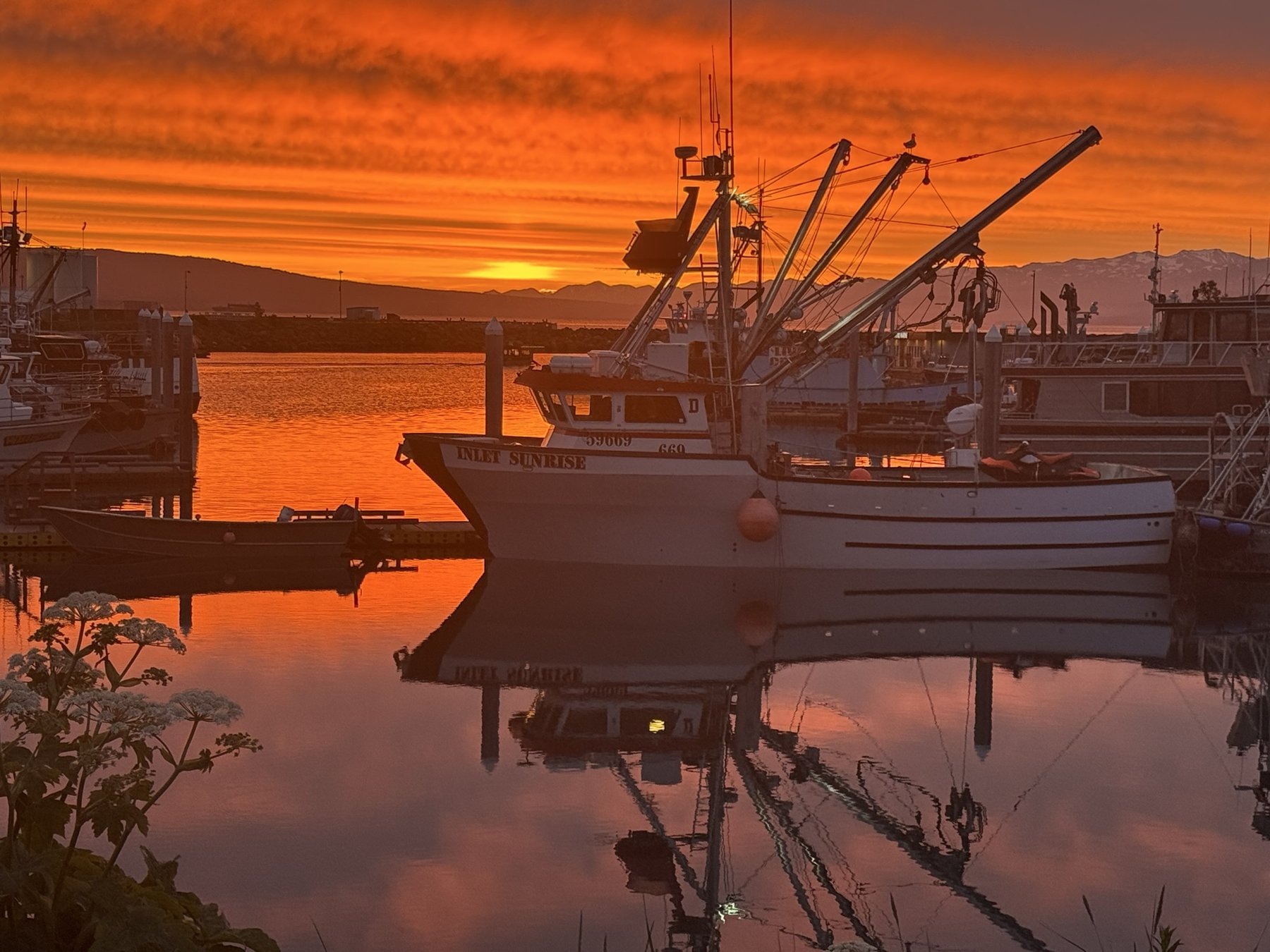Fishing boat Inlet Sunrise docked at Homer Harbor at sunrise