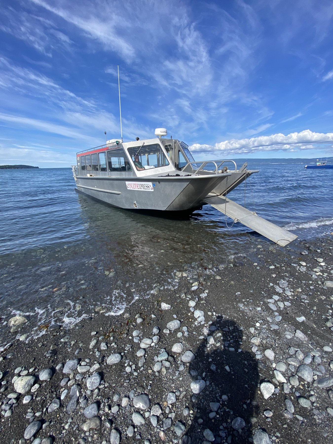 M/V Inlet Express beached with bow ramp down on Kachemak Bay