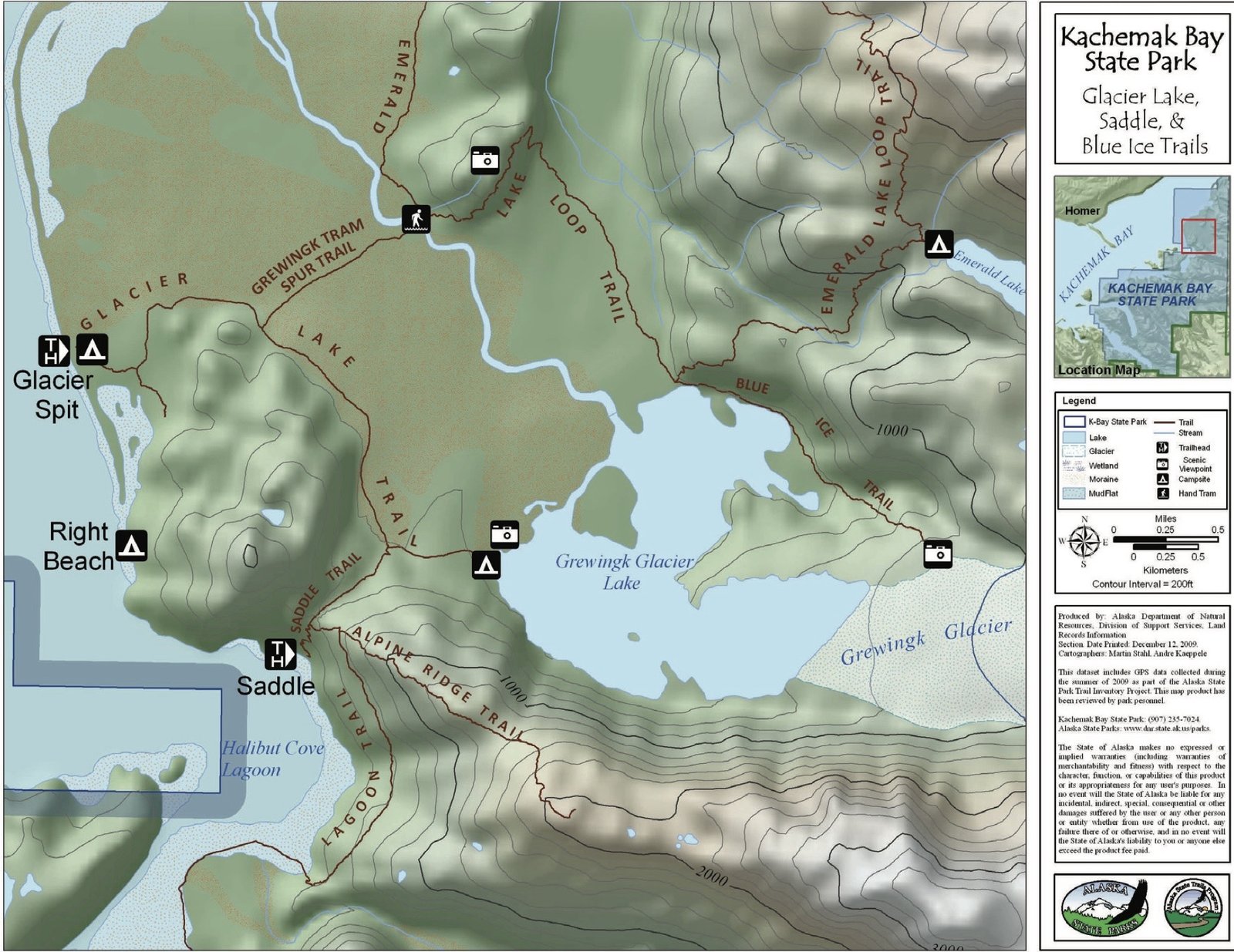 Kachemak Bay State Park map showing Glacier Spit trailhead, Saddle Trail, Grewingk Tram Spur, Grewingk Glacier Lake, and Grewingk Glacier